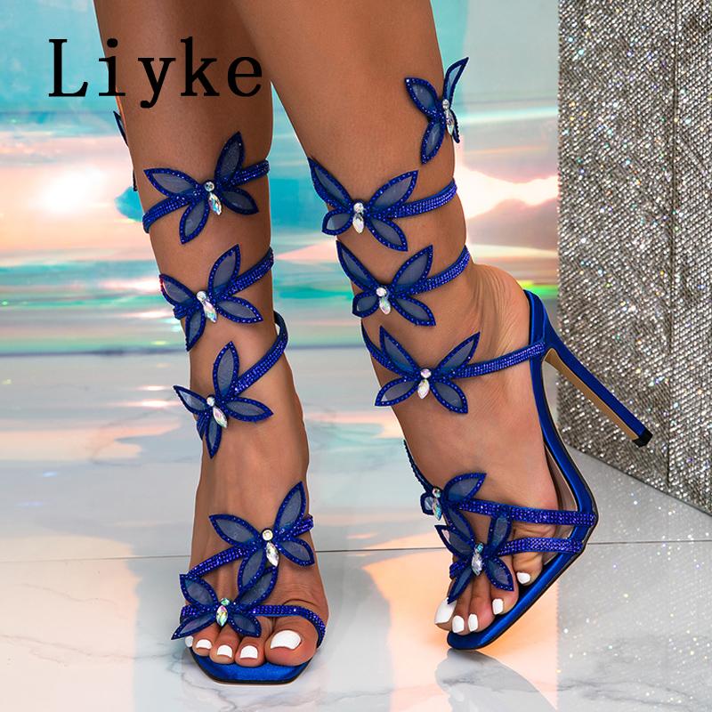 Fashion Liyke Fashion Glitter Rhinestones Women Sandals Crystal Butterfly Square Toe Wedding Party Stripper Shoes High Heels Black Blue