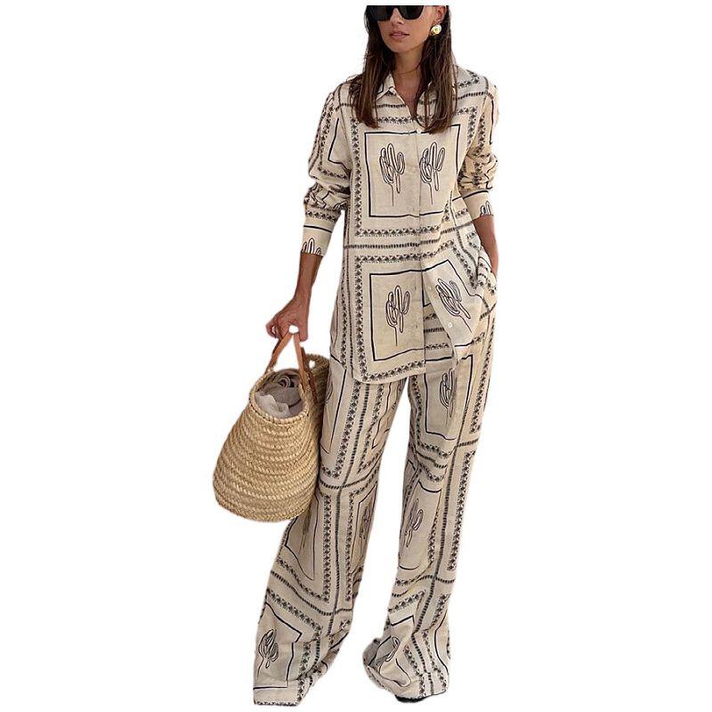 Long Sleeve Shirt Printed Pants Set Long Sleeve Shirts Print Trousers Set