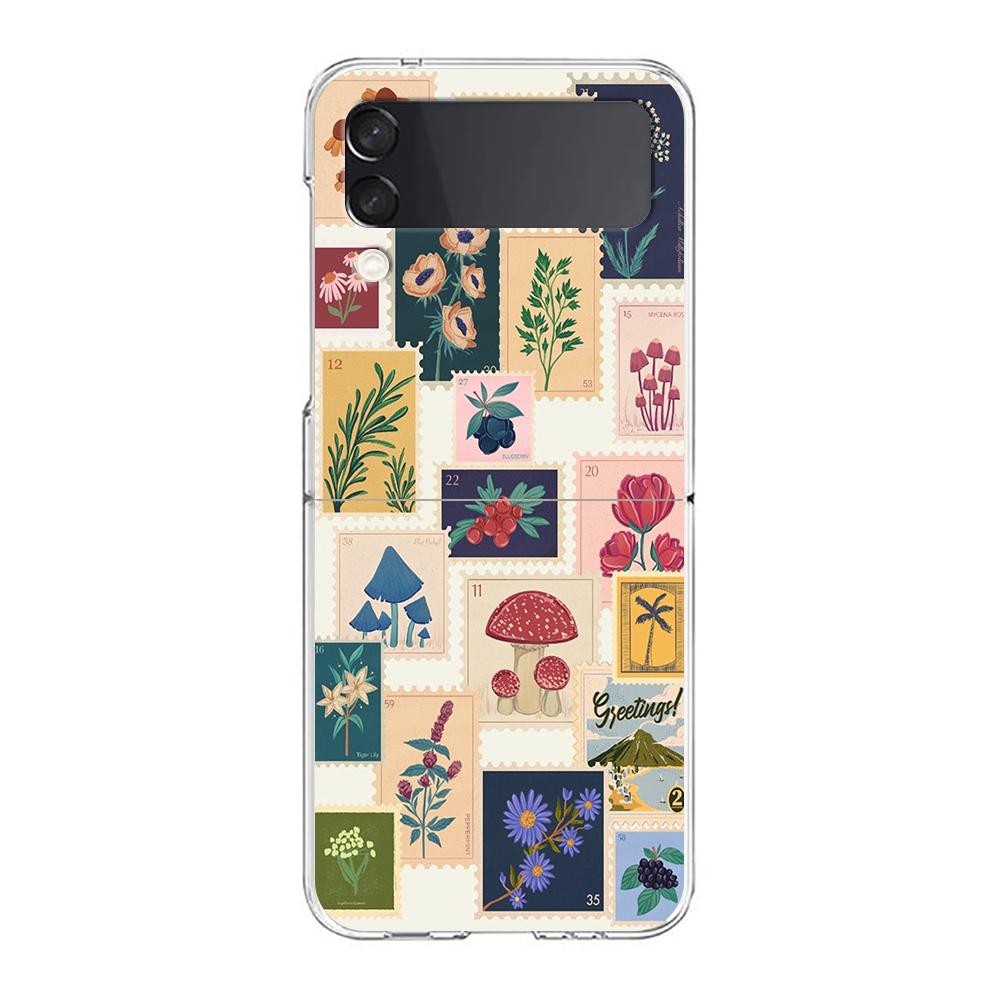 Transparent Phone Case For Samsung Galaxy Z Flip 3 4 5 6 7 Hard Folding PC Z Flip3 Flip4 Cover Vintage Stamp Puzzle