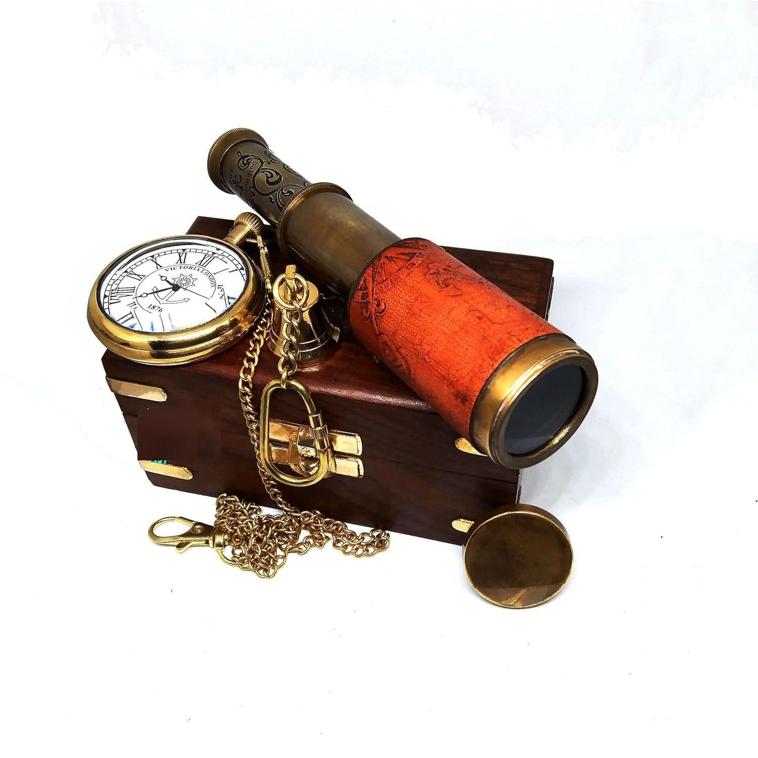

Brass Antique 6.5 Brass Telescope, | 2 Brass Pocket Watch, | Brass Bell Key Chain