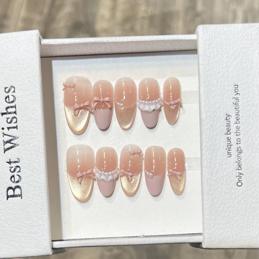 

10 шт. Накладні нігті з прикрасами-бантиками, Зносостійкі гелеві наклейки для нігтів, Нові смужки гелевого лаку для нігтів L
