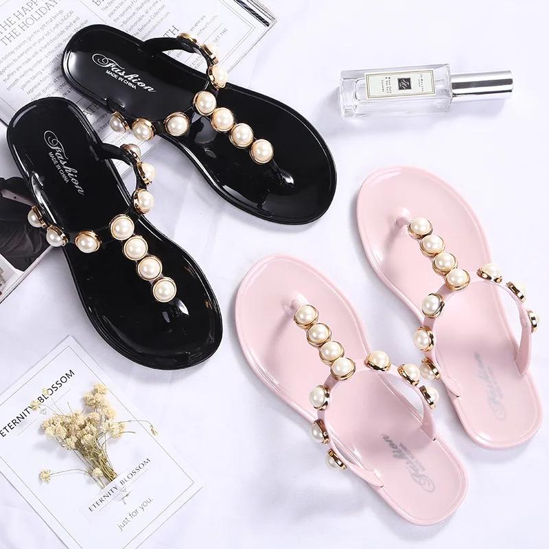 Modische Perlenstecker Zehenstegsandalen Damen Perlenbesetzte Flip-Flops Rutschfest Strand Sandalen Alleskönner Gelee-Schuhe Damen Hausschuhe Pantuflas