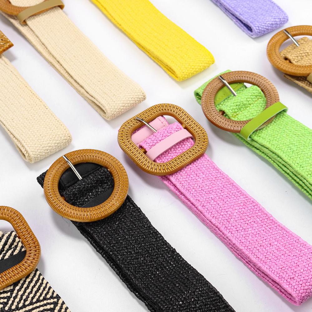 Bohemian Cotton And Linen Wind Pp Grass Woven Belt Women'S Round Square Buckle Dress Retro Women'S Belt