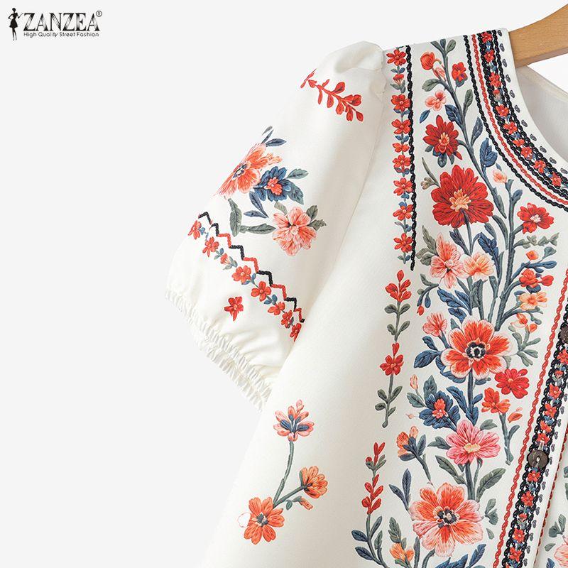 ZANZEA Blusa Casual da Donna con Stampa Floreale, Girocollo, Maniche Corte