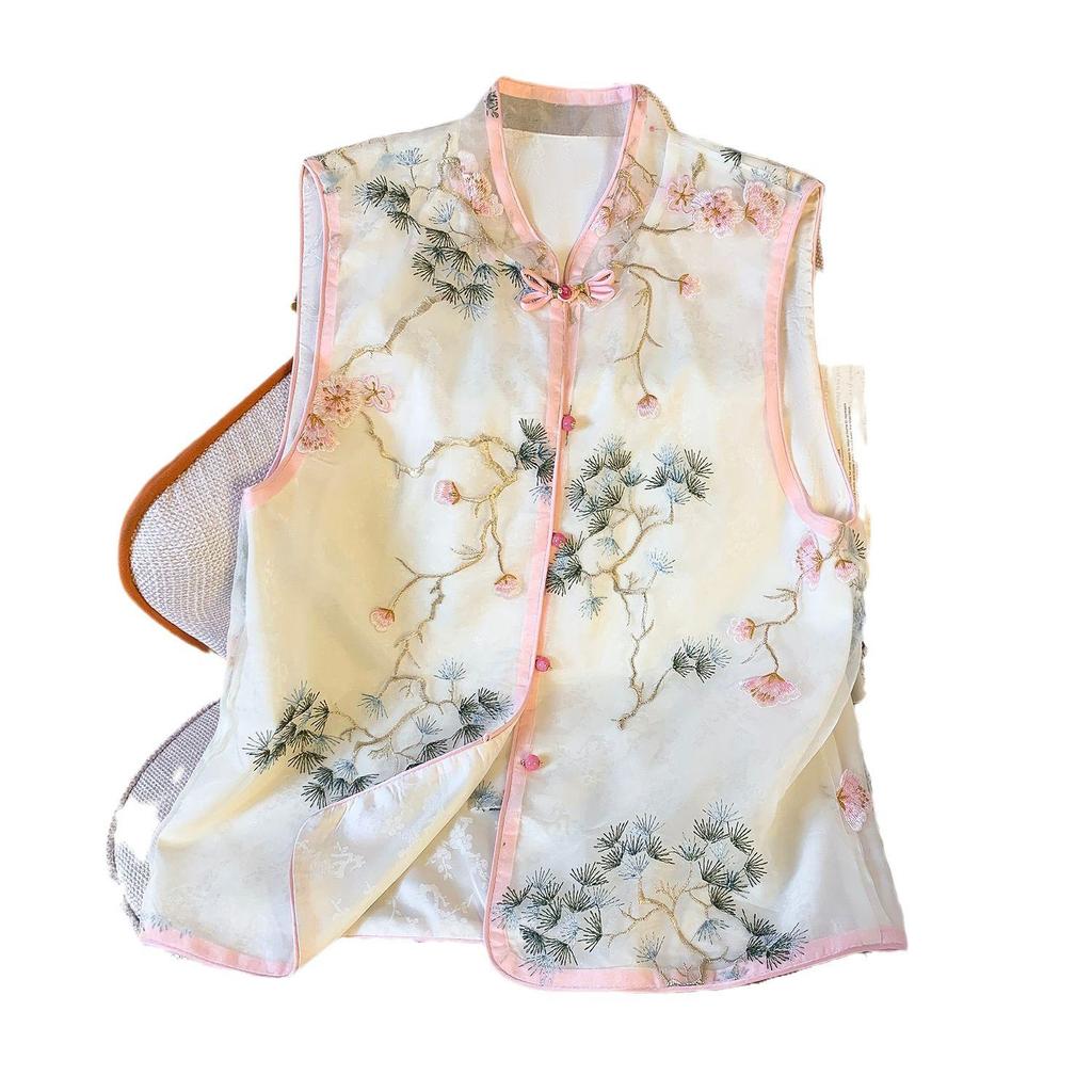 2024 Summer Women's Retro Chinese Style Embroidered Frog Button Sleeveless Vest