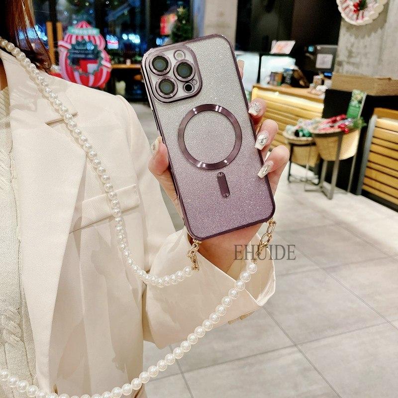 Case For Samsung Galaxy A16 A36 A06 A55 A35 A15 A25 A05 A05S Magsafe Magnetic Pearl Crossbody Cord Lanyard Strap Glitter Cover