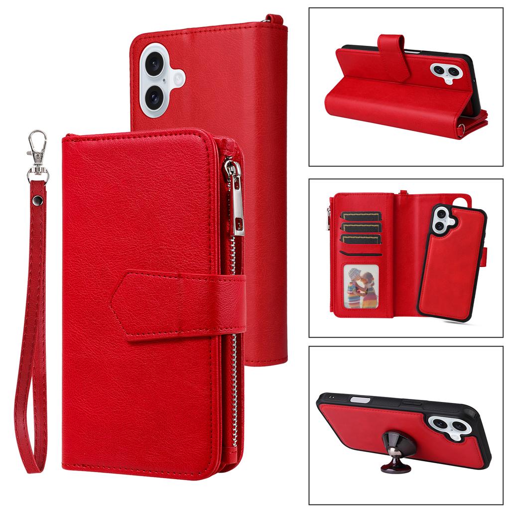 For iPhone 16 Plus Magnetic Leather Case Mobile Cover with Detachable Zipper Wallet Strap