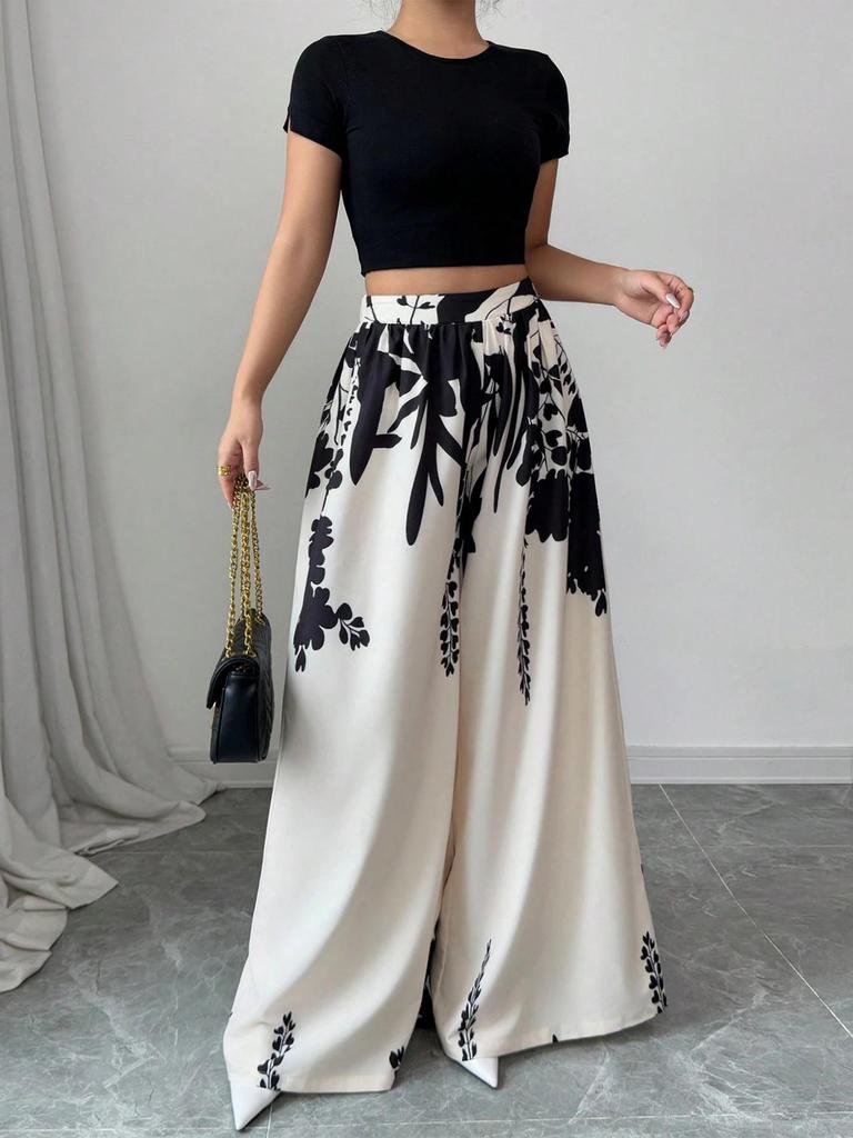2025 Summer Women's Ink Print Mid-Waist Wide-Leg Straight Pants