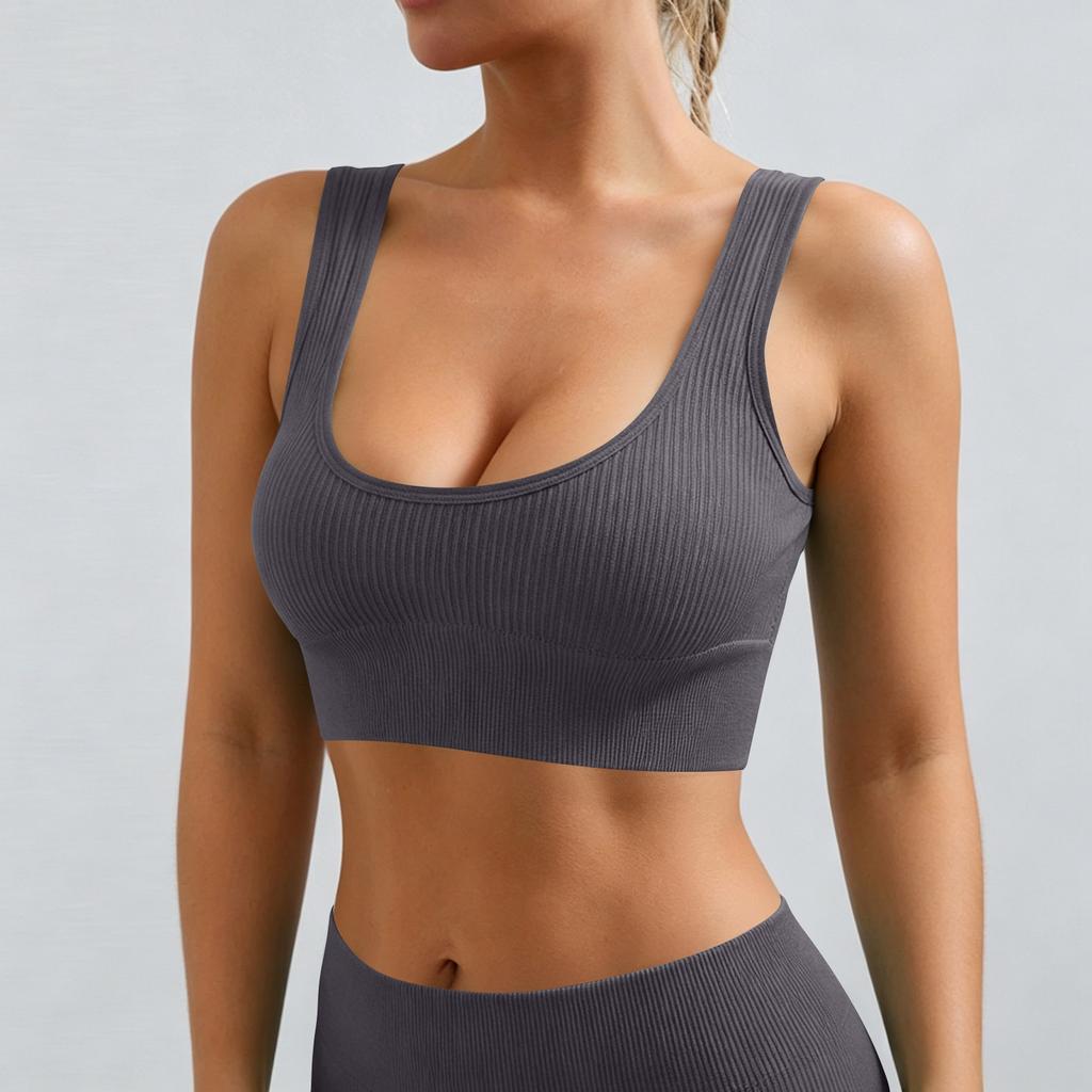 Women’s Ribbed Seamless Sports Bra Scoop Neck Wireless Stretchy Fitness Crop Top for Yoga Pilates Gym Workout
