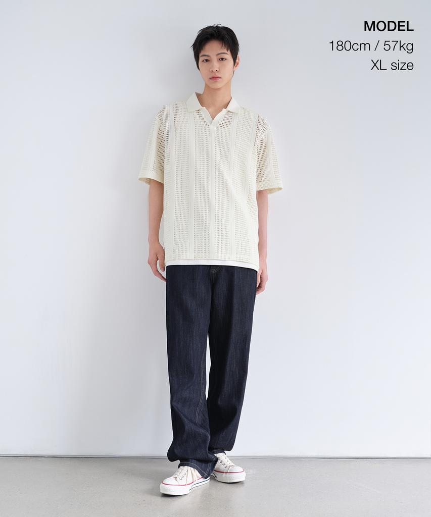 Musinsa Standard Vertical Crochet Slit Neck Polo Shirt [Ivory]