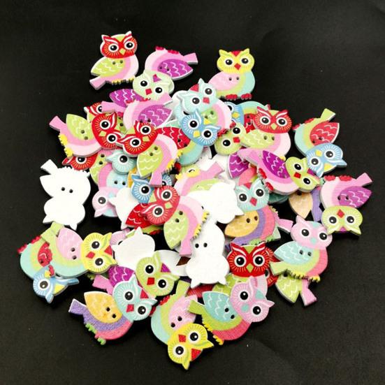 50Pcs Multicolor Cute Owl Design 2 Hole Wood Button Bag Clothes Sewing Accessory