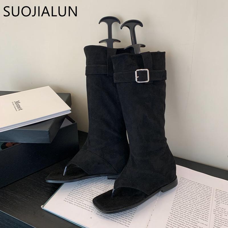 Fashion SUOJIALUN 2025 Autumn Women Loog Boot Fashion Open Toe Ladies Elegant Sandal Brand Wedge Heel Ladies Outdoor Knee High Boots