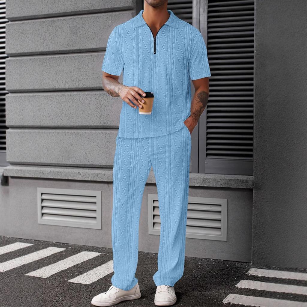 New Summer Fashion Short-sleeved Men's Casual Shirt Solid Color Half-sleeved Long Pants Two-piece Set Men