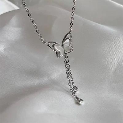 Silver Fairy Inlaid Zircon Shiny Butterfly Pearl Pendant Necklace Women Personality Fashionable Clavicle Tassel Chain Wedding