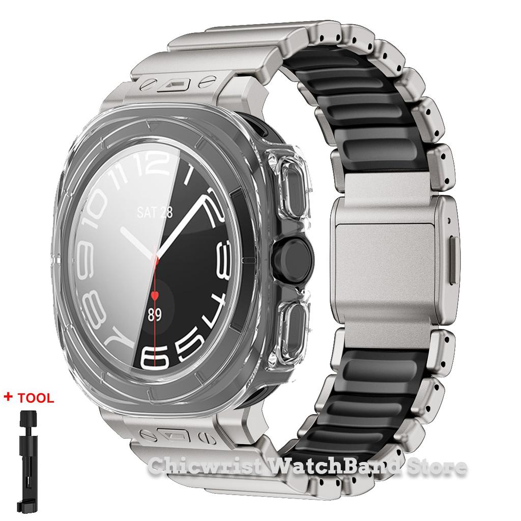 Armband+Hülle für Samsung Galaxy Watch Ultra 2025/7 ultra Edelstahl Gummiarmband Gehärtetes Glas Displayschutz Hülle aus Hart-PC