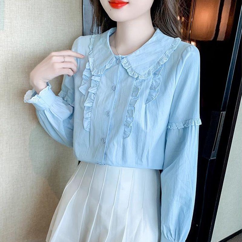 Blue Doll Collar Shirt Fashionable Lace Stitching Women's Long Sleeved Shirt Day Off Minimalist Women's Top