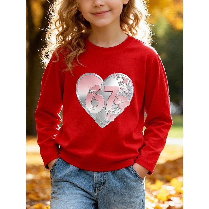 Kids Unisex Crewneck Sweatshirt, 3D Metal Pink Heart Butterfly Floral 67 SIX SEVEN Print Long Sleeve Pullover, Soft Sweatshirts for Boys Girls Ages 4+