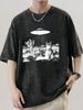 Cat UFO Desert Graphic Acid Wash TShirt Vintage Alien Funny Cat Oversized Streetwear Casual Tops for Men Women
