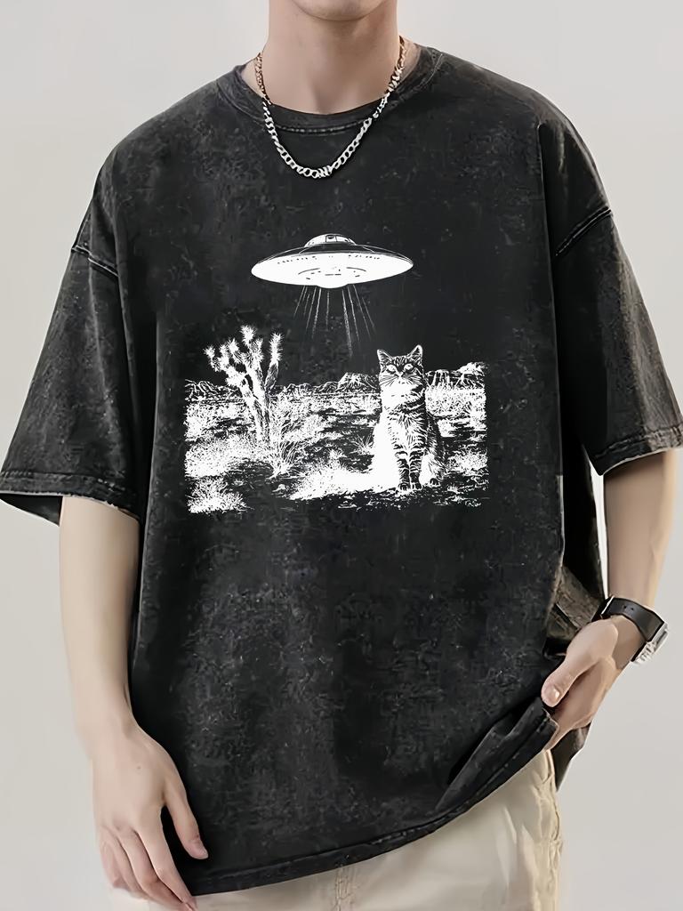Cat UFO Desert Graphic Acid Wash TShirt Vintage Alien Funny Cat Oversized Streetwear Casual Tops for Men Women