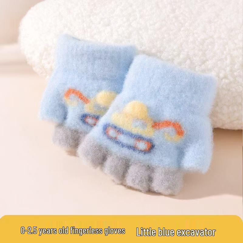 Ye Peng Baby Half-Finger Gloves: Cute Excavator Design for 0-2 Years, Perfect for Autumn and Winter Crawling.