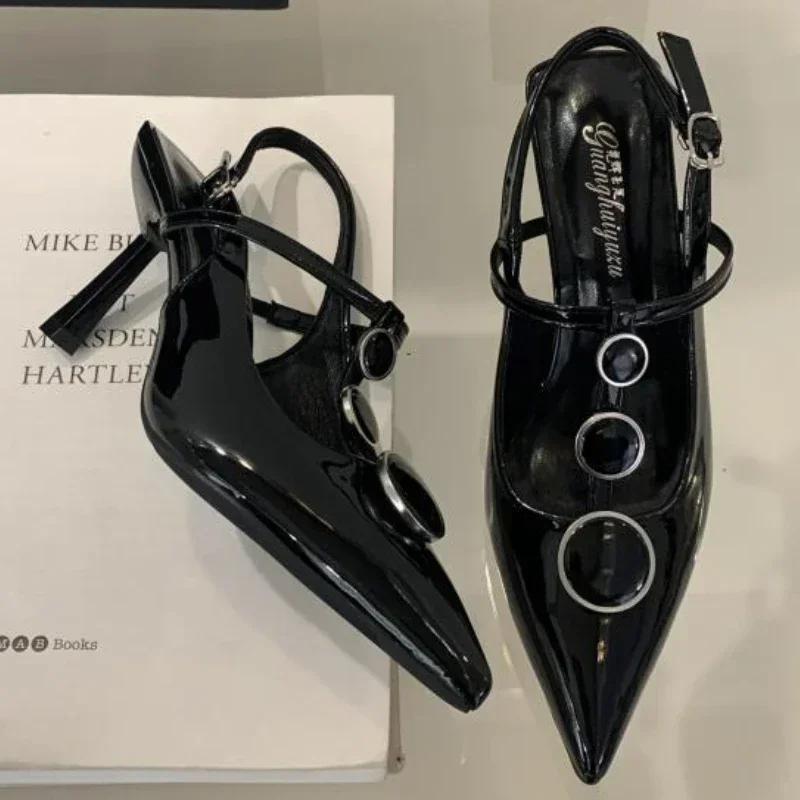 Fashion Sexy Thin High Heels Women Designer T-Strap Banquet Dress Shoe Button Hollow Pointed Toe Office Pumps Female Brand Sandals Women