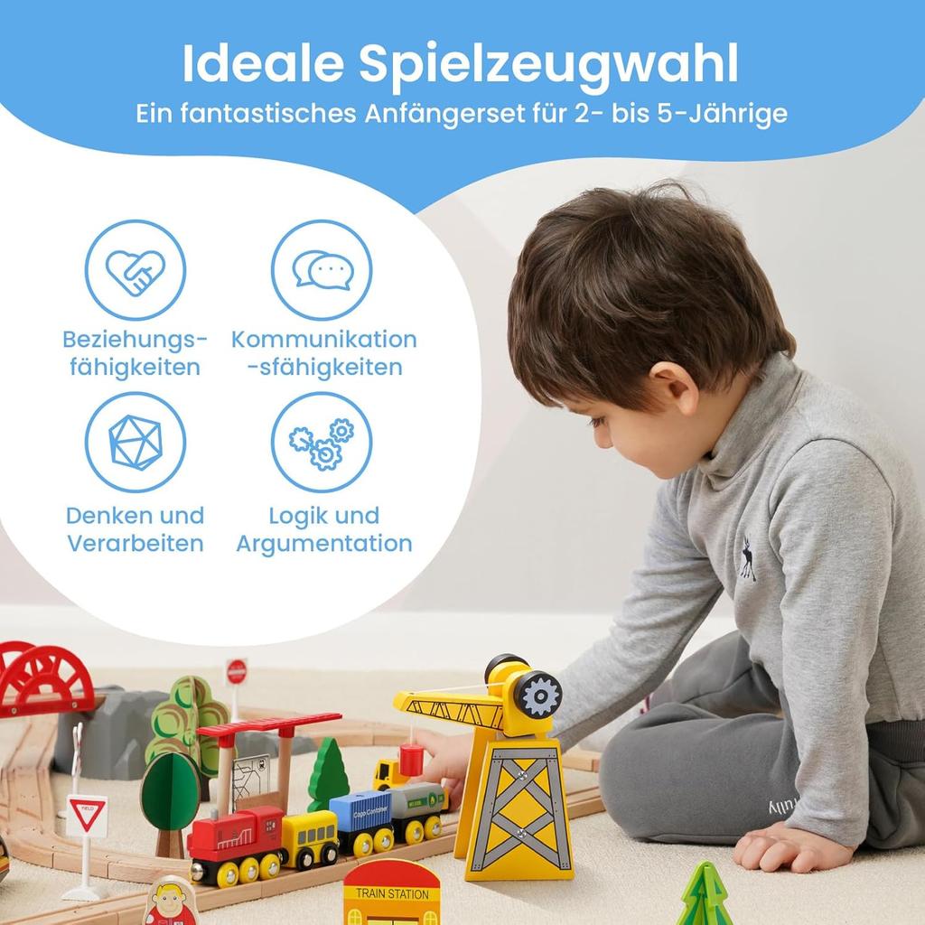 Tiny Land 55 Pieces Wooden Train Set: Wooden Railway with Crane, Combinable Toy & Accessories. Fits All Large Brands, for Children 2-5 Years