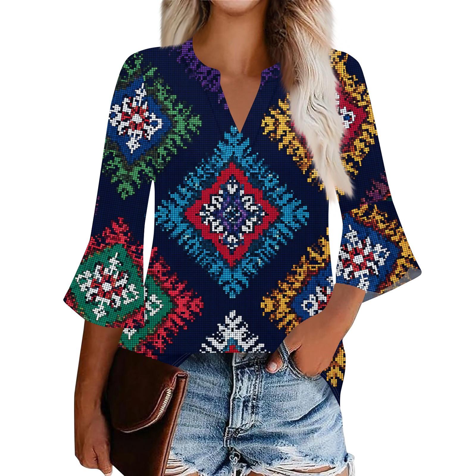 

Женский повседневный модный топ с цветочным принтом, рукавом три четверти и круглым вырезом L тёмно-синий