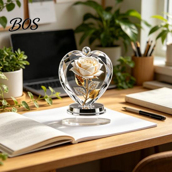 Crystal Rose Ornament Acrylic Ornament, 2D Flat Flower Decoration with Base, Table Art Centerpiece Romantic Desktop Decor for Home Shelf Cabinet