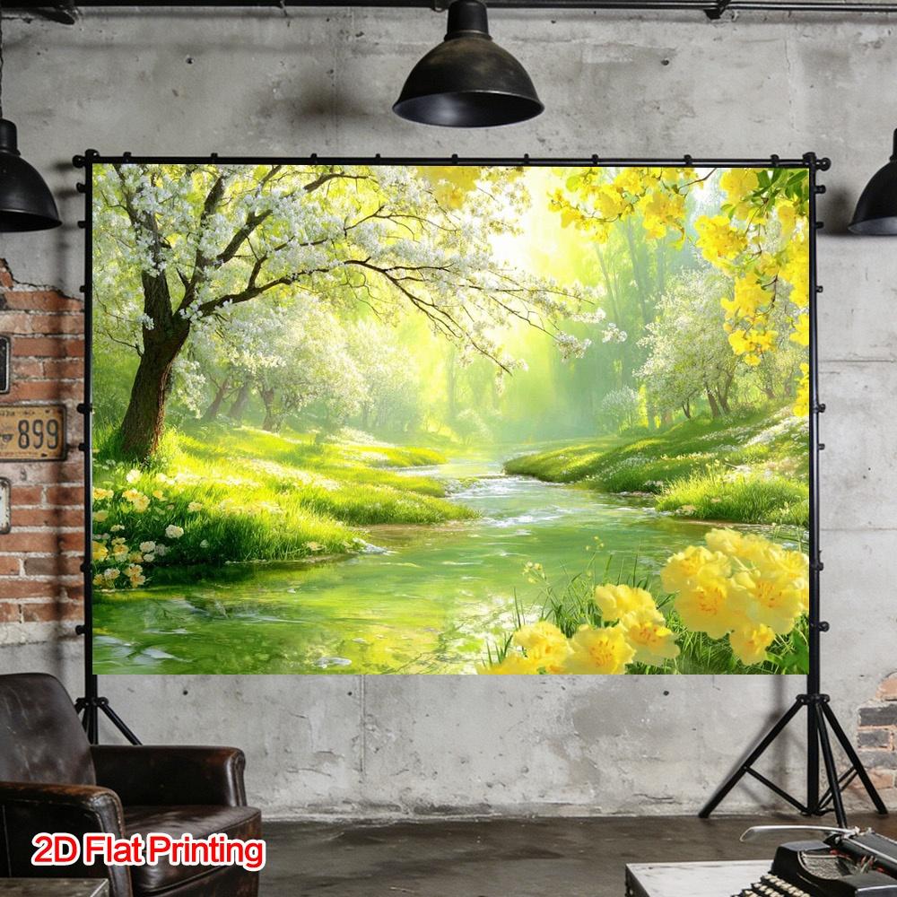One spring flower and river view photography backdrop fabric made of polyester suitable for room decoration and garden use. 100x150cm