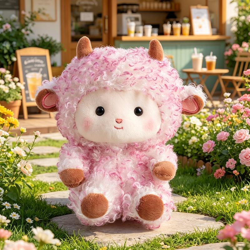 Jouets en Peluche Mouton Bouclé Romantique Mignon Sourire Assis Poupée Mouton Bébé Doux Moelleux Animal de dessin animé Poupée Cadeau pour Filles 20cm