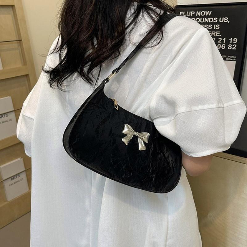 Y2K Style Metallic Underarm Bag, Minimalist Crescent Purse with 3D Bow Detail Shoulder Purse for Casual Dating Versatile Bag