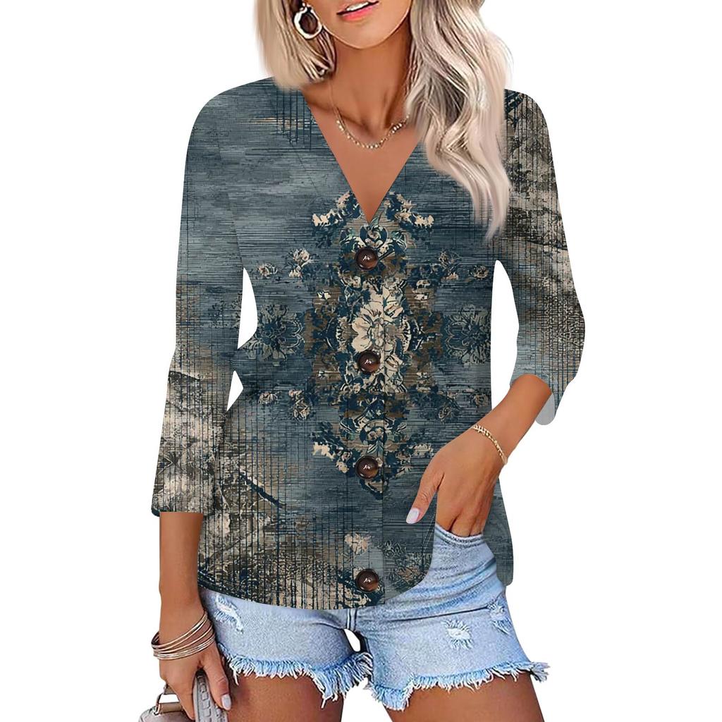 Women's Fashion Casual Printing Button-down Shirt 3/4 Long Sleeve Tops
