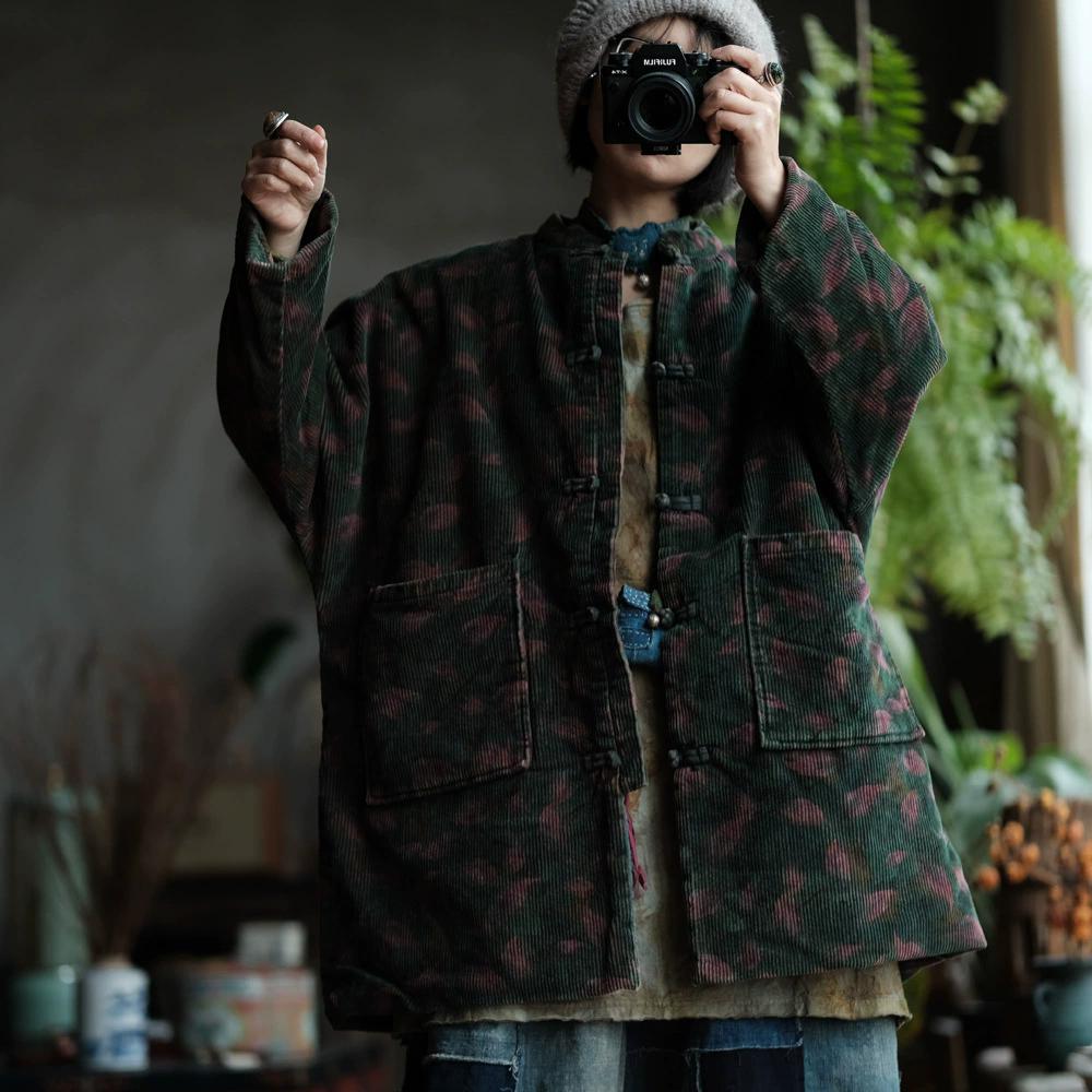 Johnature Women Vintage Corduroy Print Floral Button Patchwork Pockets Winter Coats Warm Coats