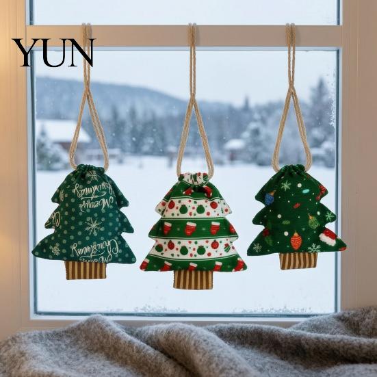 Large Small Storage Christmas Tree Shaped Gift Bags with Drawstring, Reusable Holiday Fabric Bags, Printed Winter Goodie Pouches for Present Wrapping,