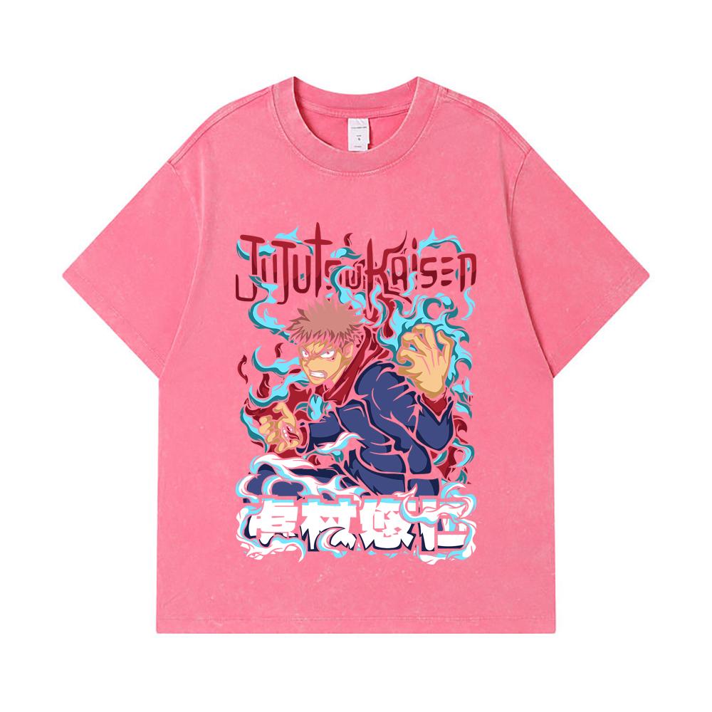 275 GSM Washed T-shirts 100% Cotton Jujutsu Kaisen V50 Yuji Print Unisex Heavy Cotton T Shirt
