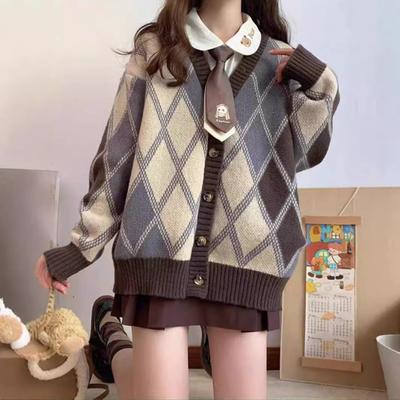 Women's Checked Cardigan Knitted Sweater Harajuku Y2k Long Sleeves V-Neck Sweater Jumper Vintage 2000s Aesthetic Clothes Autumn
