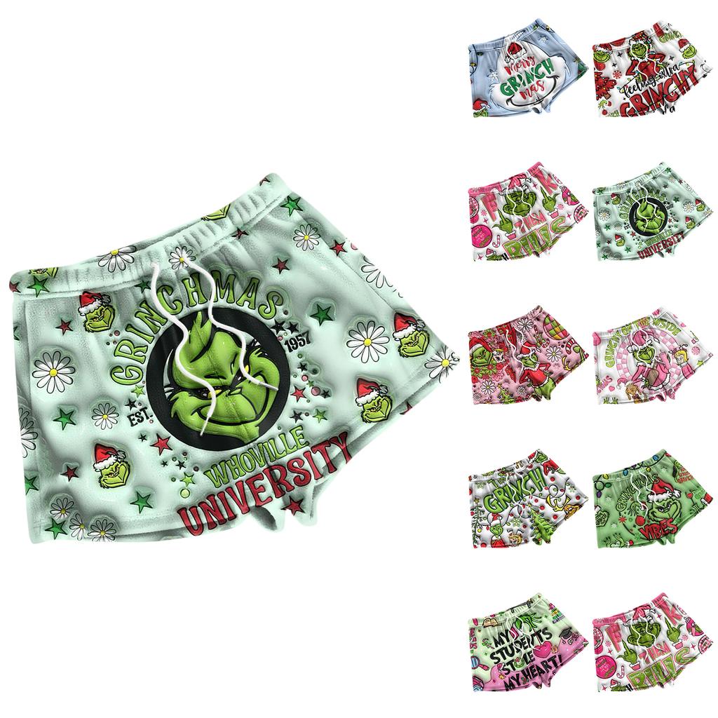 Dámské módní volné pyžamové šortky s fleecovým vánočním potiskem, ležérní kalhoty