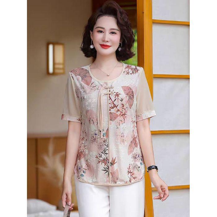 2025 Summer Short Sleeve T-Shirt for Mom: Fashionable Chinese Style Blouse for 50+ Women