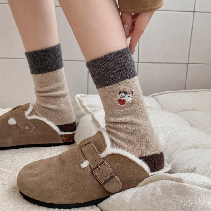 Contrast Color Apple Wool Dog Medium Tube Socks Warm Embroidery Shoes Birkenstocks Korean Simple Stacking Socks