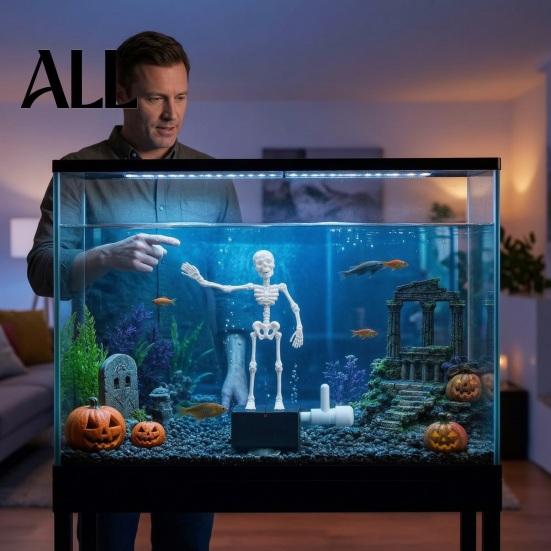 Freshwater Aquarium Landscaping Halloween Dancing Skeleton, Bubble Driven Moving Joints Skeleton Decorations Ornament, Realistic Swing Skull