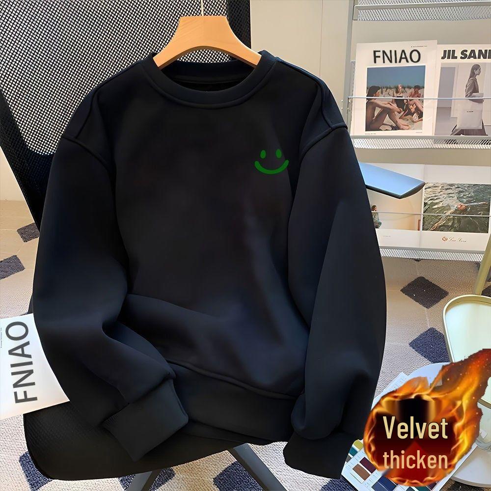 Men's Fleece-Lined Long Sleeve Round Neck Hoodie - Autumn 2025 American Style Heavyweight Pullover