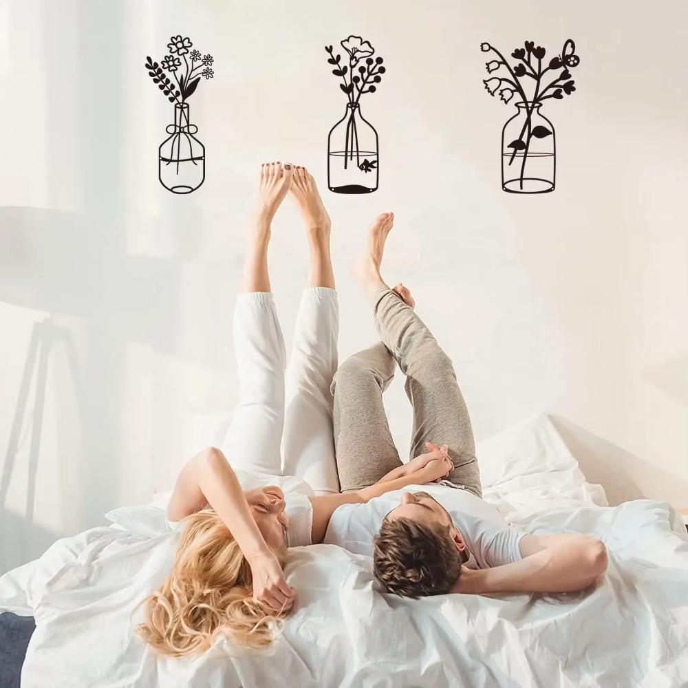 3 Pcs Black Metal Flowers Wall Decor - Metal Vase Wall Art. Hanging Metal Wall Sculptures for Indoor Spaces Like Kitchen