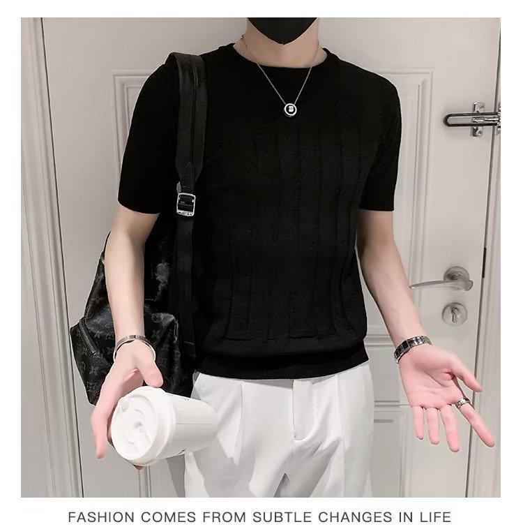 Herren Trendiges Gestreiftes Eis-Seide Slim Fit T-Shirt - Atmungsaktiv, Kurze Halbarme