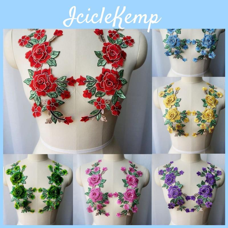 2 3d Cucu Rose Embroidery Flower Applique Sewing Lace Fabric Collar Patch Wedding Gown Bridal Dress Diy