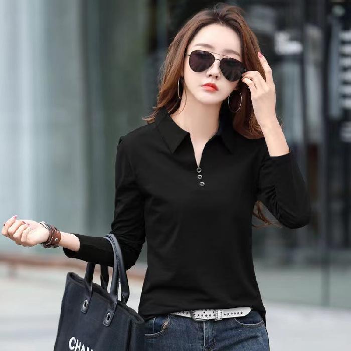 

Футболка из хлопка для офиса, женская, весенняя, повседневная, с длинным рукавом, облегающая и минималистичная, внешняя футболка, базовая рубашка M чёрный