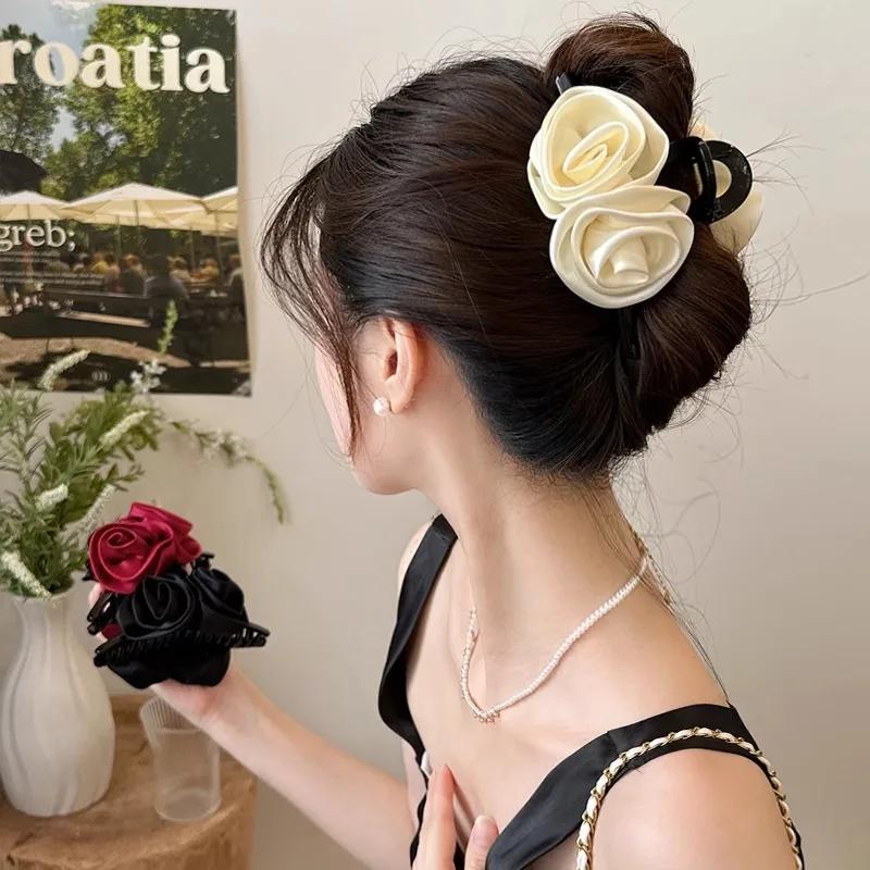 Retro Solid Fabric Rose Hair Clip for women Elegant Shark Clip Girls Hair claw Hair accessories