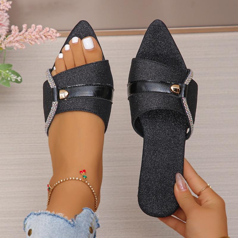 Fashion Women's Stylish Pointed Open-toed Metal Buckle Sequined Soft-soled Sandals with Low Heels and Comfortable Elegant Flat Flats