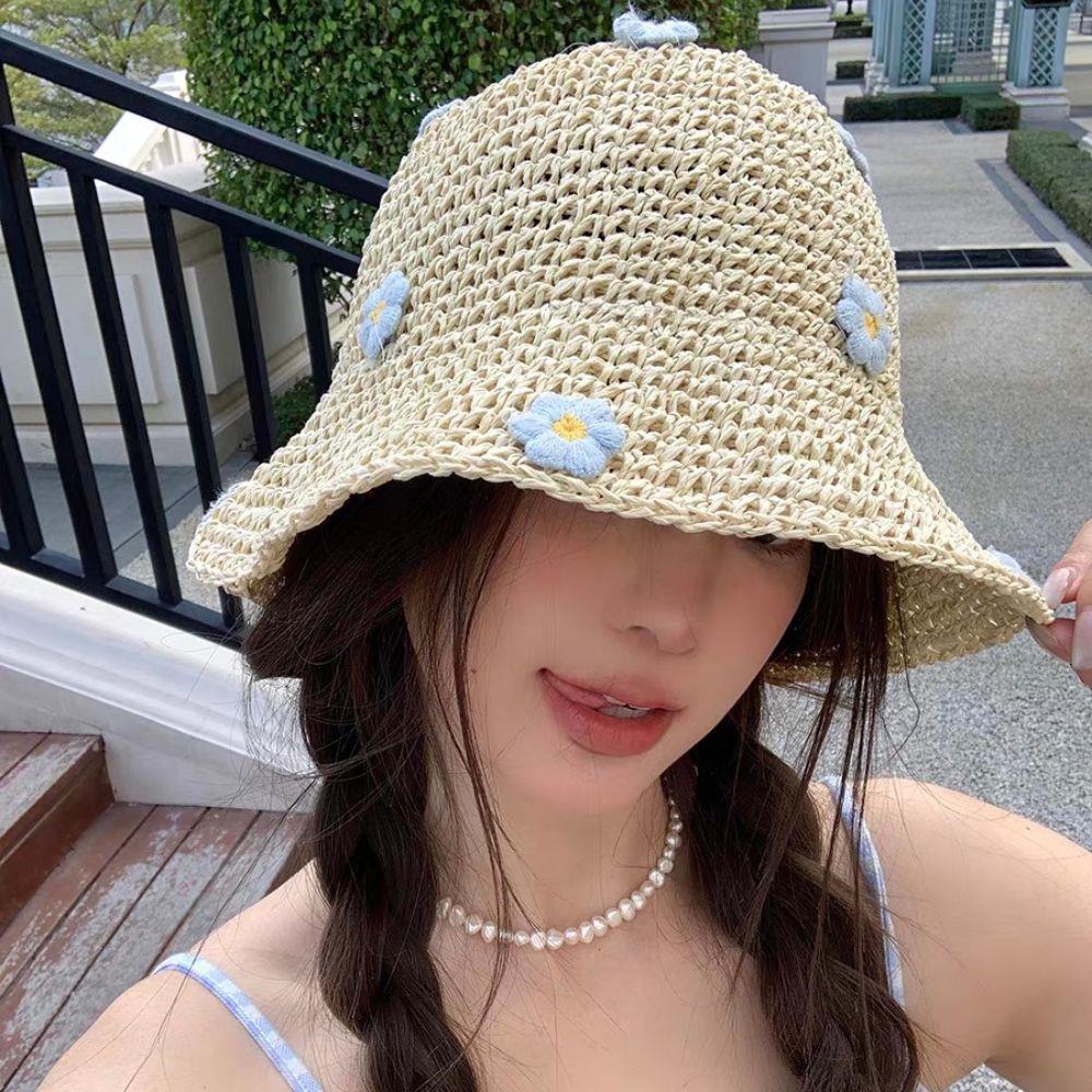 Flower Design Straw Fisherman Hat Women's Summer Braided Straw Hat Holiday Beach Breathable Sunshade Panama Hat New Sun Cap 2025