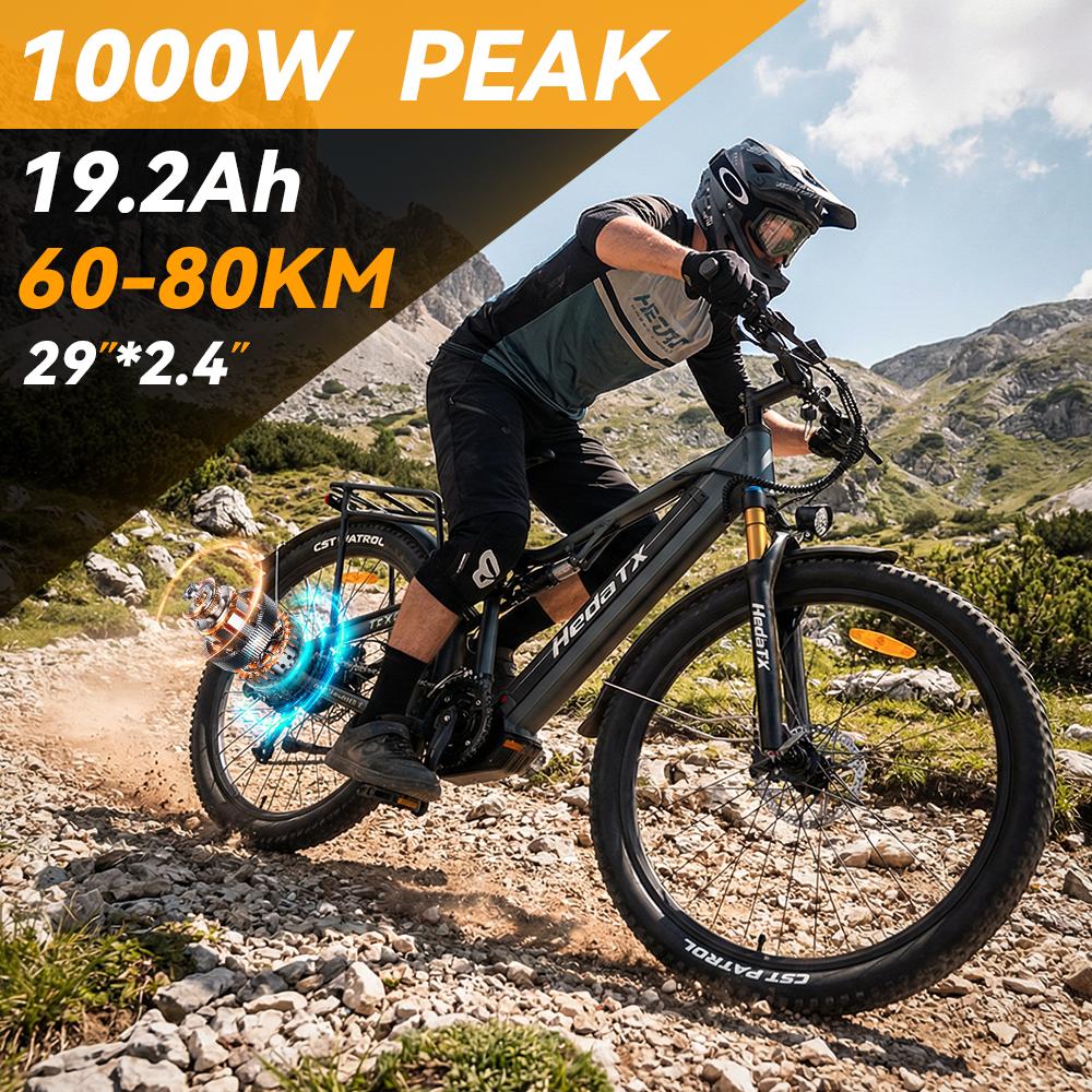 Bicicletă Electrică Full Suspension Hedatx Tx19, Motor 1000W, Baterie 48V 19.2Ah, Anvelopă 29"×2.4, Frână cu Disc Hidraulică cu 27 de Viteze, Bicicletă Electrică Off-Road pentru Adulți
