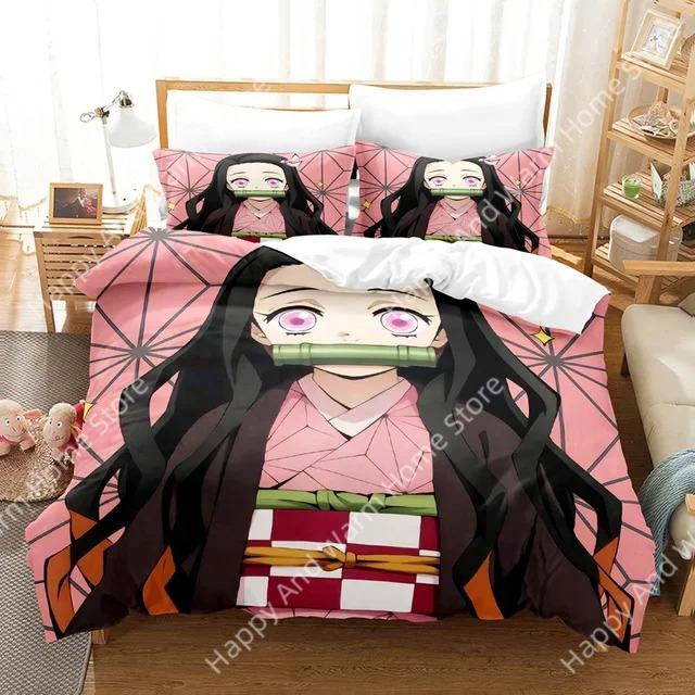 Anime Demon Slayer Beding Set Nezuko Kamado Soft Duvet Cover Warm Comforter Bed Linen Single Twin Ful Quen Sized Dimensions 3d Girl Young Boys Gift